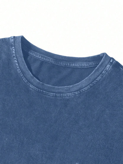 Manfinity Hypemode Men's Casual Floral Embroidery Washed Cotton Loose Fit T-Shirt, Fashionable Street Style For Daily Commute, Summer Y2k Graphic Tee