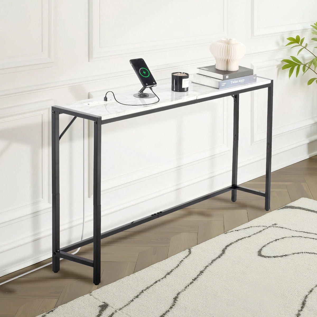 Marble Console Table, Modern Narrow Long Console Table With Power Outlet, Thin Sofa Side Table With Iron Tubes, Anti-Tip Device And Triangular Support For Living Room, Hallway, Entryway, Foyer