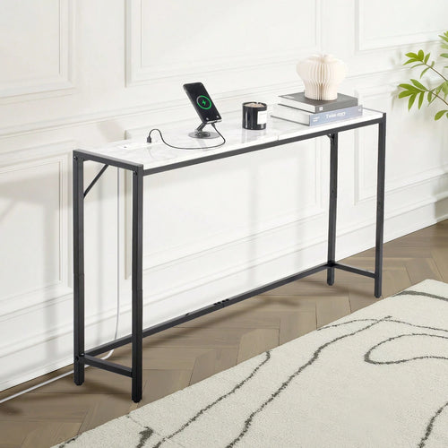 Marble Console Table, Modern Narrow Long Console Table With Power Outlet, Thin Sofa Side Table With Iron Tubes, Anti-Tip Device And Triangular Support For Living Room, Hallway, Entryway, Foyer