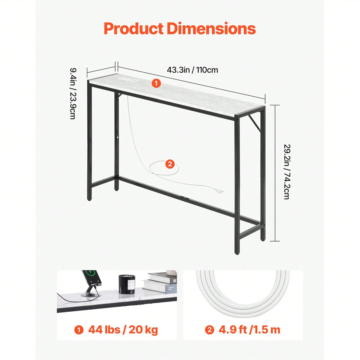 Marble Console Table, Modern Narrow Long Console Table With Power Outlet, Thin Sofa Side Table With Iron Tubes, Anti-Tip Device And Triangular Support For Living Room, Hallway, Entryway, Foyer