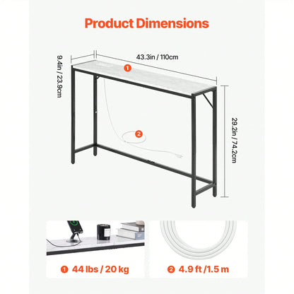 Marble Console Table, Modern Narrow Long Console Table With Power Outlet, Thin Sofa Side Table With Iron Tubes, Anti-Tip Device And Triangular Support For Living Room, Hallway, Entryway, Foyer