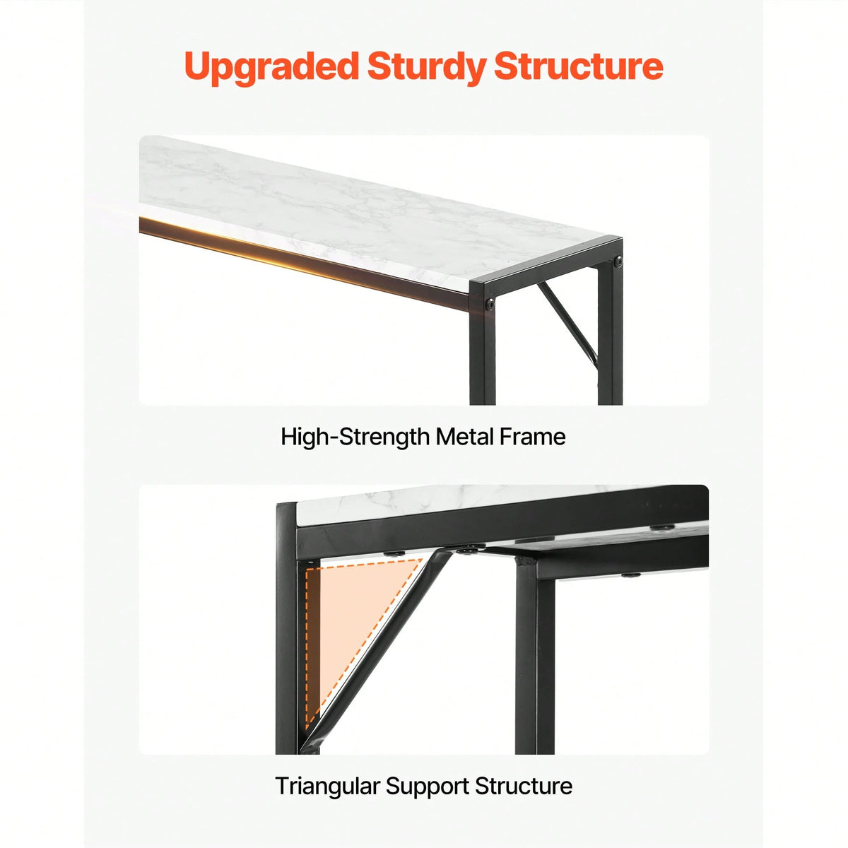 Marble Console Table, Modern Narrow Long Console Table With Power Outlet, Thin Sofa Side Table With Iron Tubes, Anti-Tip Device And Triangular Support For Living Room, Hallway, Entryway, Foyer