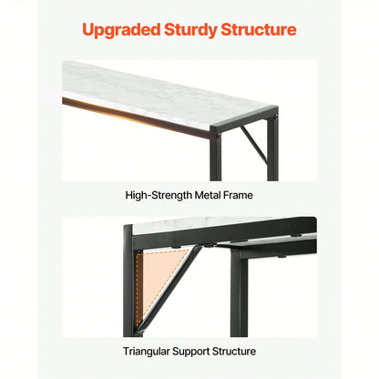 Marble Console Table, Modern Narrow Long Console Table With Power Outlet, Thin Sofa Side Table With Iron Tubes, Anti-Tip Device And Triangular Support For Living Room, Hallway, Entryway, Foyer