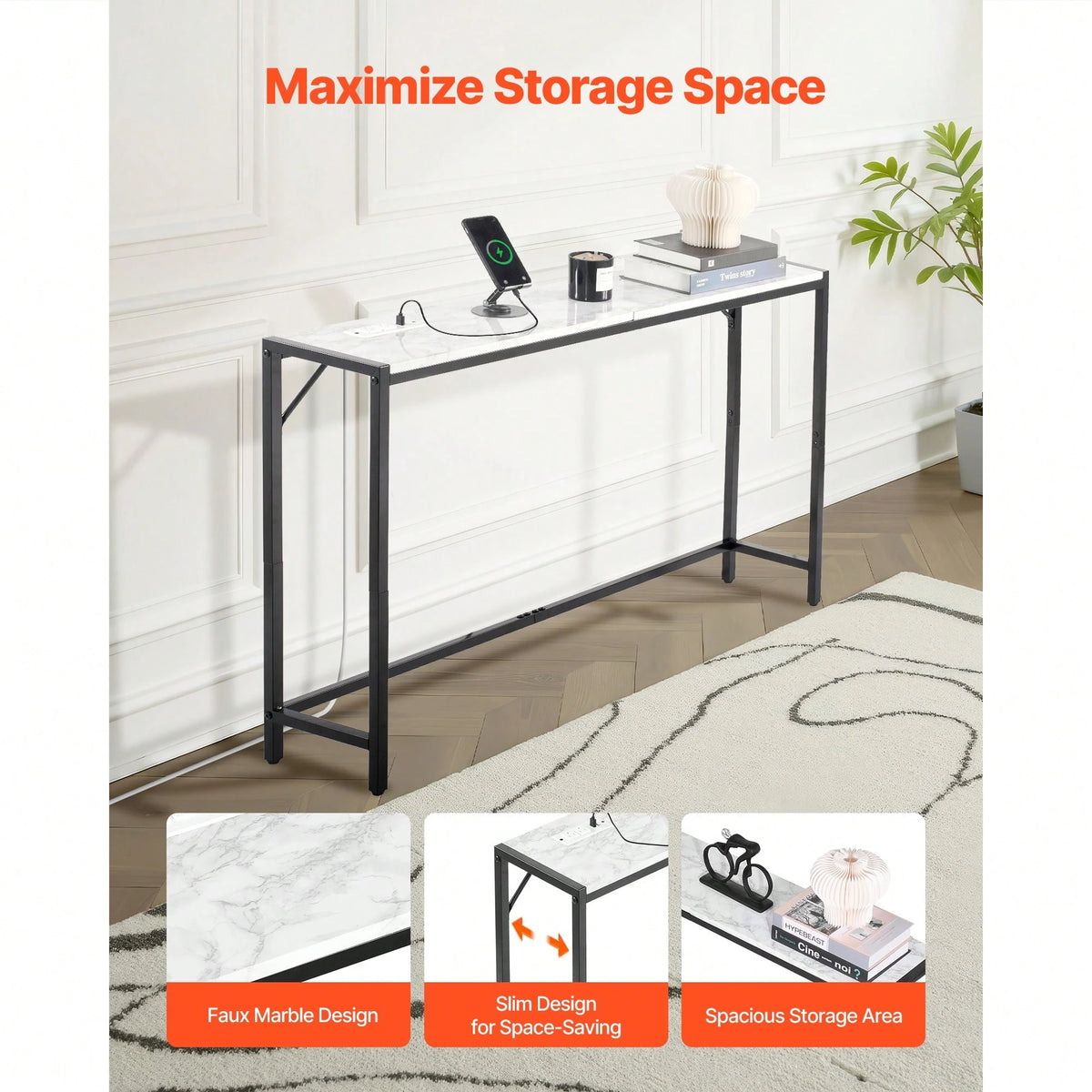 Marble Console Table, Modern Narrow Long Console Table With Power Outlet, Thin Sofa Side Table With Iron Tubes, Anti-Tip Device And Triangular Support For Living Room, Hallway, Entryway, Foyer