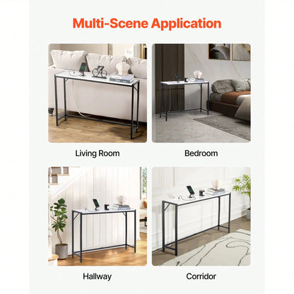 Marble Console Table, Modern Narrow Long Console Table With Power Outlet, Thin Sofa Side Table With Iron Tubes, Anti-Tip Device And Triangular Support For Living Room, Hallway, Entryway, Foyer