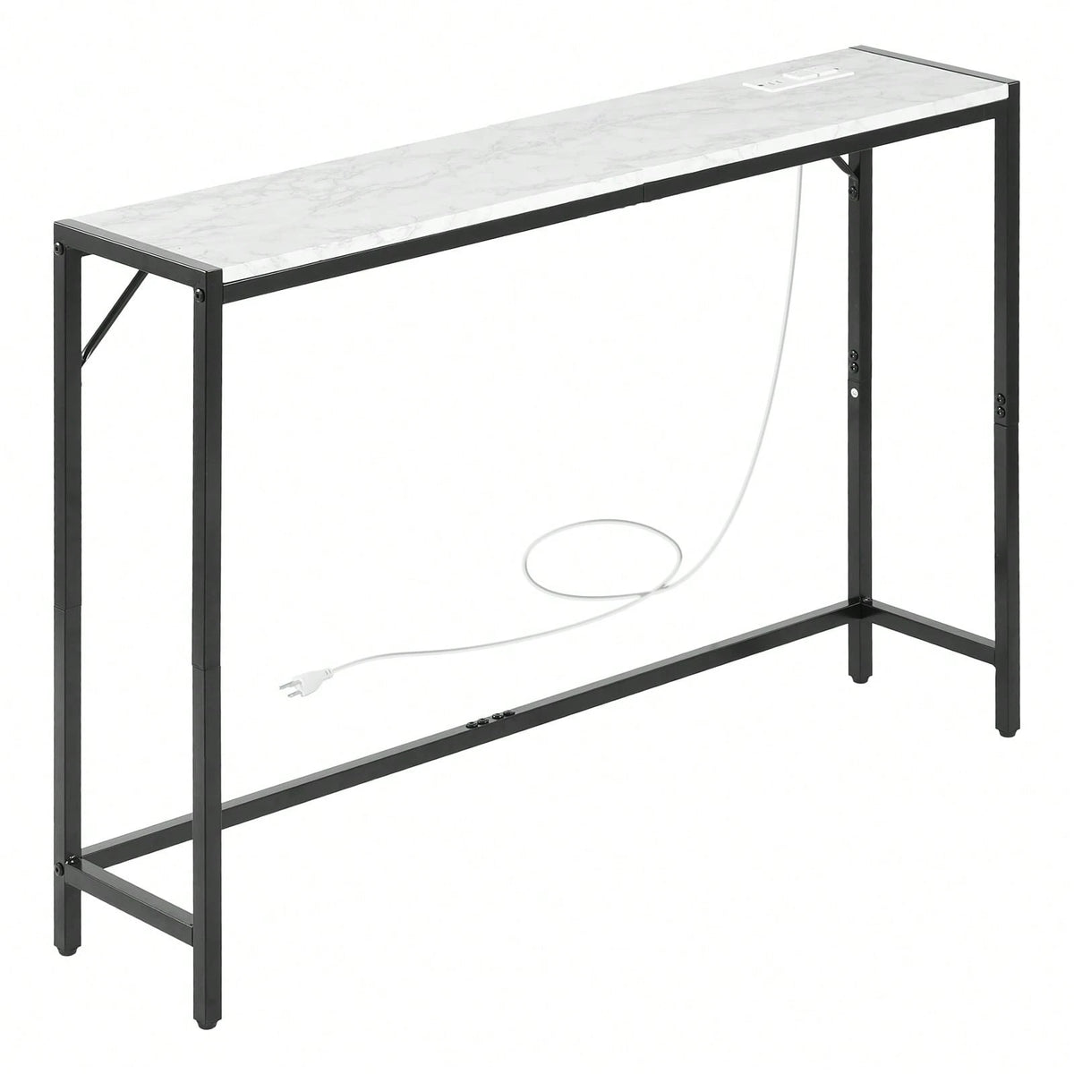 Marble Console Table, Modern Narrow Long Console Table With Power Outlet, Thin Sofa Side Table With Iron Tubes, Anti-Tip Device And Triangular Support For Living Room, Hallway, Entryway, Foyer
