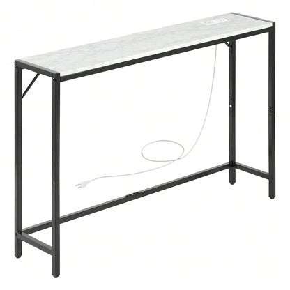 Marble Console Table, Modern Narrow Long Console Table With Power Outlet, Thin Sofa Side Table With Iron Tubes, Anti-Tip Device And Triangular Support For Living Room, Hallway, Entryway, Foyer