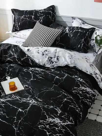 Marble Pattern Duvet Cover Set, Farmhouse Style Bedding 3 Pieces Set, Soft Double-Sided Black & White Duvet Cover, Abstract Marble Texture, Comforter Not Included