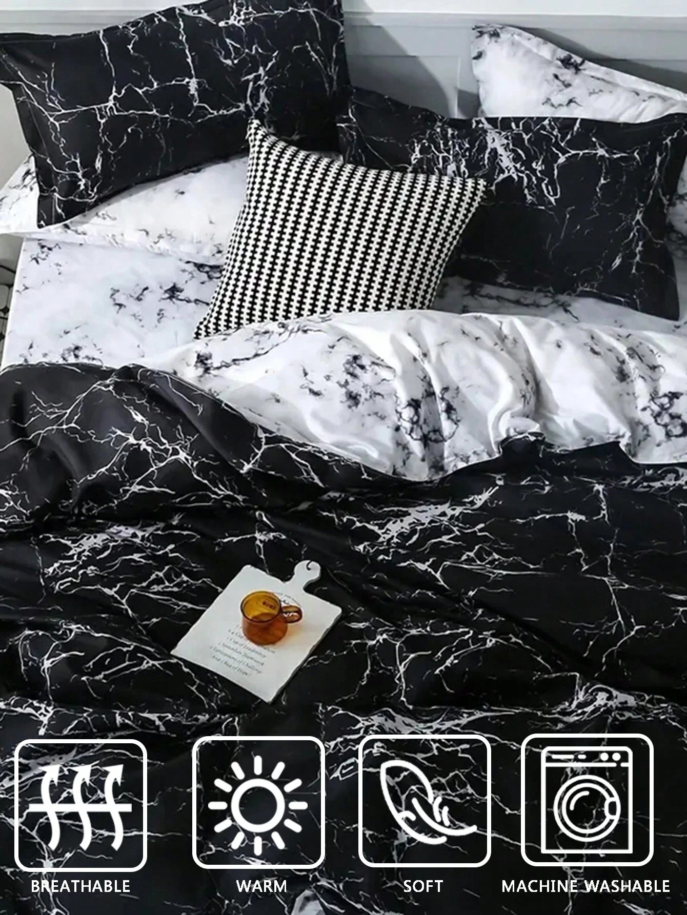 Marble Pattern Duvet Cover Set, Farmhouse Style Bedding 3 Pieces Set, Soft Double-Sided Black & White Duvet Cover, Abstract Marble Texture, Comforter Not Included