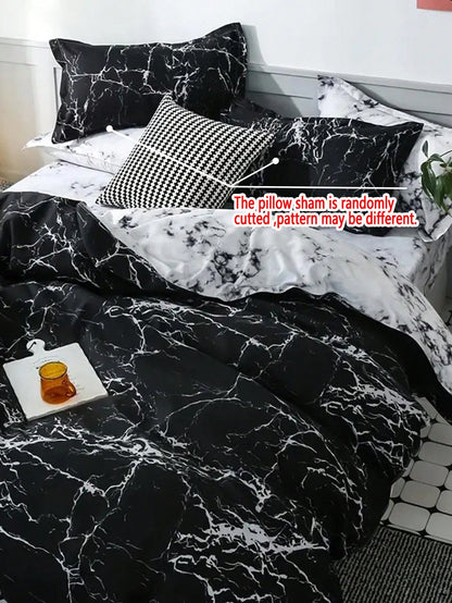 Marble Pattern Duvet Cover Set, Farmhouse Style Bedding 3 Pieces Set, Soft Double-Sided Black & White Duvet Cover, Abstract Marble Texture, Comforter Not Included