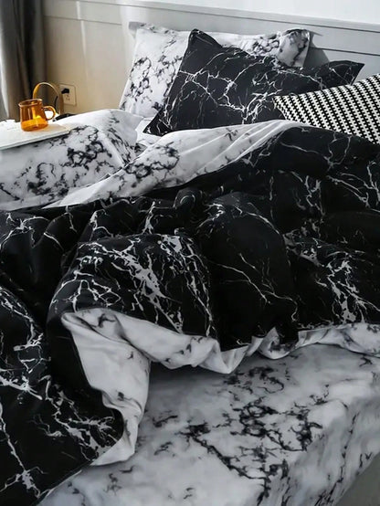 Marble Pattern Duvet Cover Set, Farmhouse Style Bedding 3 Pieces Set, Soft Double-Sided Black & White Duvet Cover, Abstract Marble Texture, Comforter Not Included