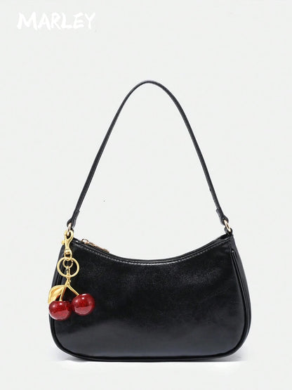 MARLEY, Women's Fall Outfits, Floral Patterned Fabric, Cute Pendant Decor, Cherry Pendant, Women's Minimalist Shoulder Bag, Zipper Closure,Halloween