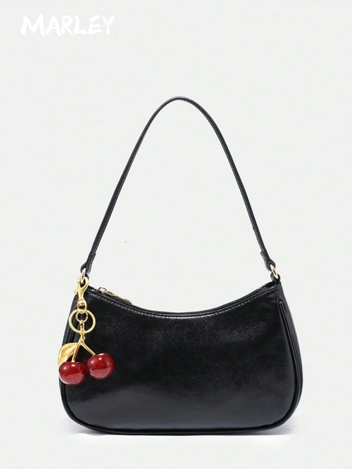 MARLEY, Women's Fall Outfits, Floral Patterned Fabric, Cute Pendant Decor, Cherry Pendant, Women's Minimalist Shoulder Bag, Zipper Closure,Halloween