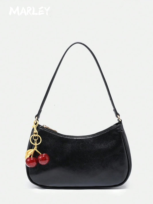 MARLEY, Women's Fall Outfits, Floral Patterned Fabric, Cute Pendant Decor, Cherry Pendant, Women's Minimalist Shoulder Bag, Zipper Closure,Halloween