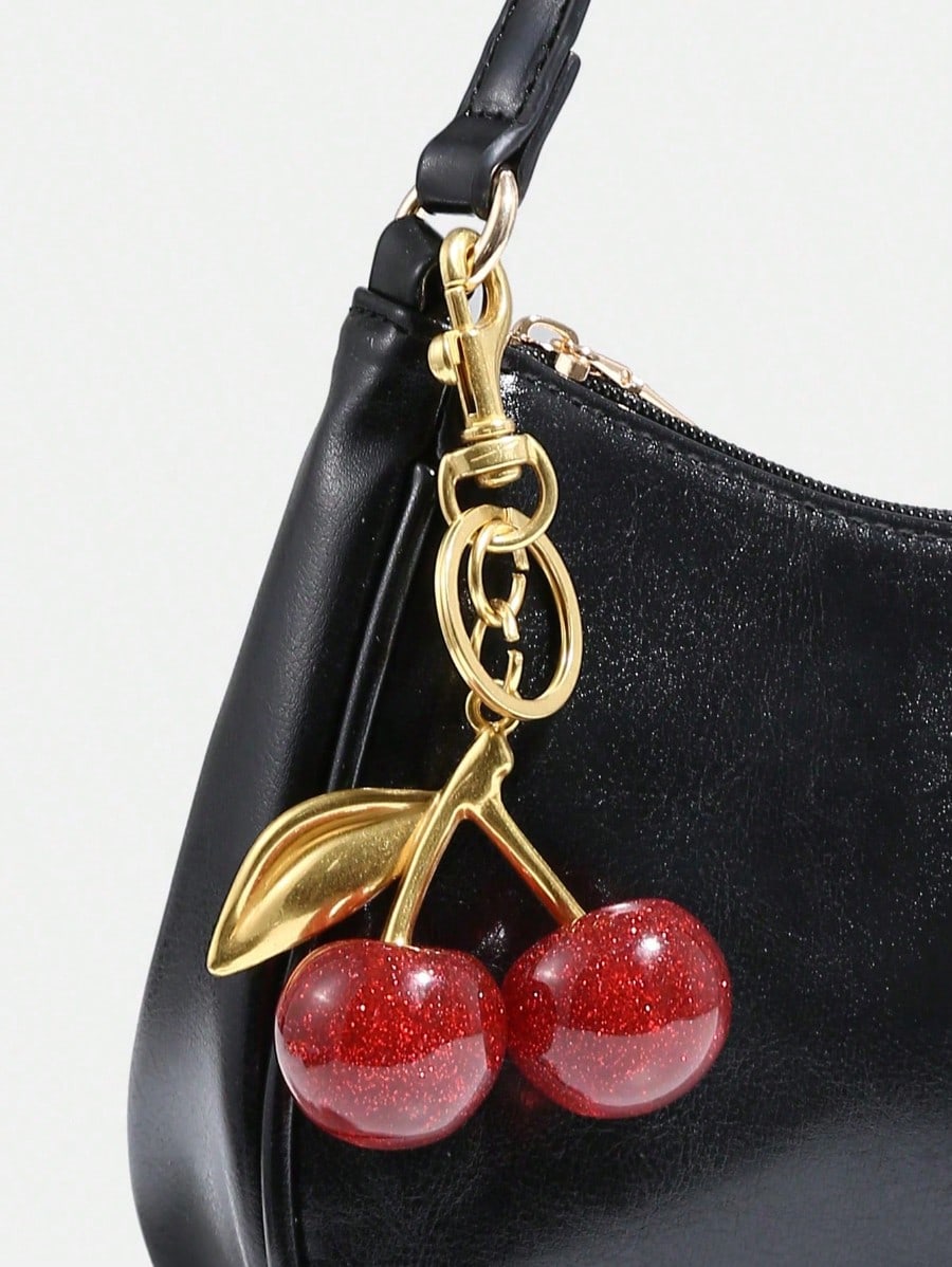 MARLEY, Women's Fall Outfits, Floral Patterned Fabric, Cute Pendant Decor, Cherry Pendant, Women's Minimalist Shoulder Bag, Zipper Closure,Halloween