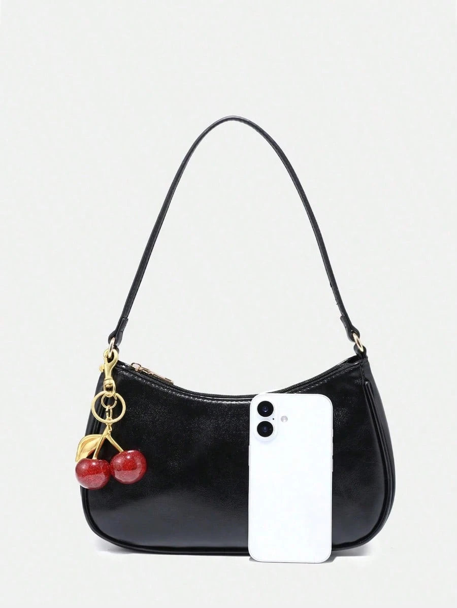MARLEY, Women's Fall Outfits, Floral Patterned Fabric, Cute Pendant Decor, Cherry Pendant, Women's Minimalist Shoulder Bag, Zipper Closure,Halloween