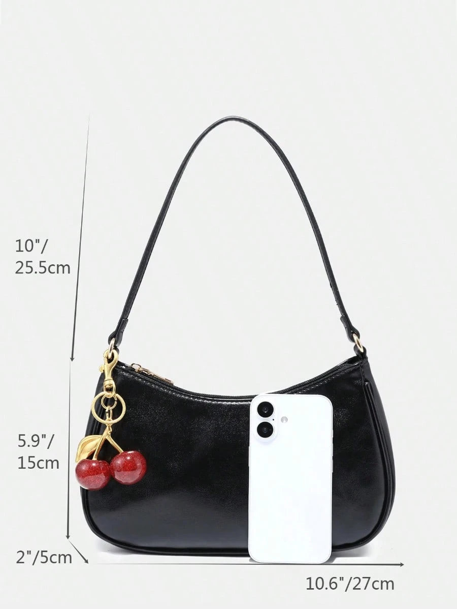 MARLEY, Women's Fall Outfits, Floral Patterned Fabric, Cute Pendant Decor, Cherry Pendant, Women's Minimalist Shoulder Bag, Zipper Closure,Halloween