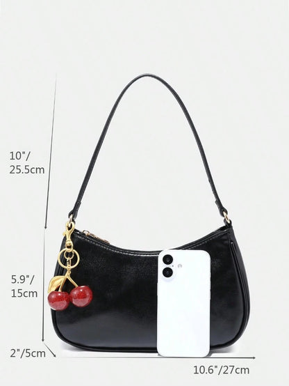 MARLEY, Women's Fall Outfits, Floral Patterned Fabric, Cute Pendant Decor, Cherry Pendant, Women's Minimalist Shoulder Bag, Zipper Closure,Halloween