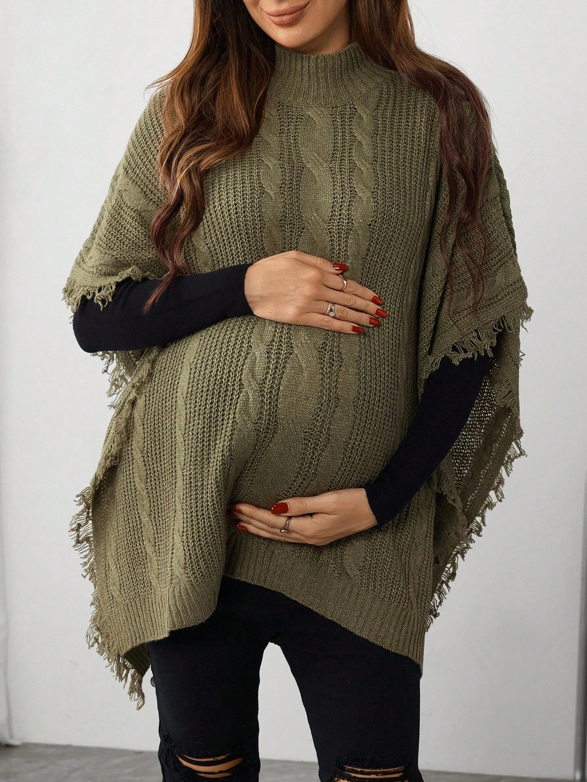 Maternity Cable Cable Pattern Turtleneck Fringe Design Batwing Sleeve Loose Sweater, Autumn Winter