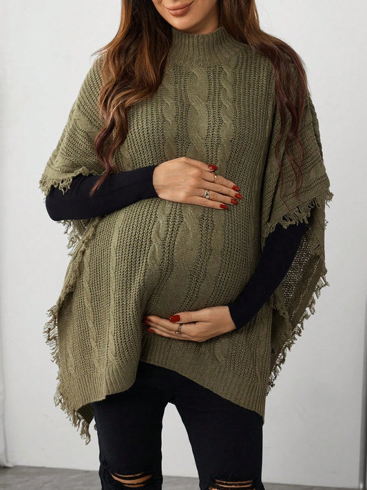 Maternity Cable Cable Pattern Turtleneck Fringe Design Batwing Sleeve Loose Sweater, Autumn Winter