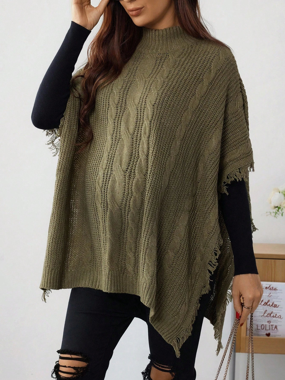 Maternity Cable Cable Pattern Turtleneck Fringe Design Batwing Sleeve Loose Sweater, Autumn Winter