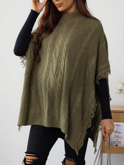 Maternity Cable Cable Pattern Turtleneck Fringe Design Batwing Sleeve Loose Sweater, Autumn Winter