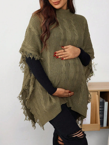 Maternity Cable Cable Pattern Turtleneck Fringe Design Batwing Sleeve Loose Sweater, Autumn Winter