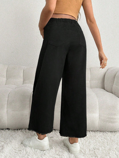 Maternity Casual Loose Black 3/4 Jeans With Patchwork Waist