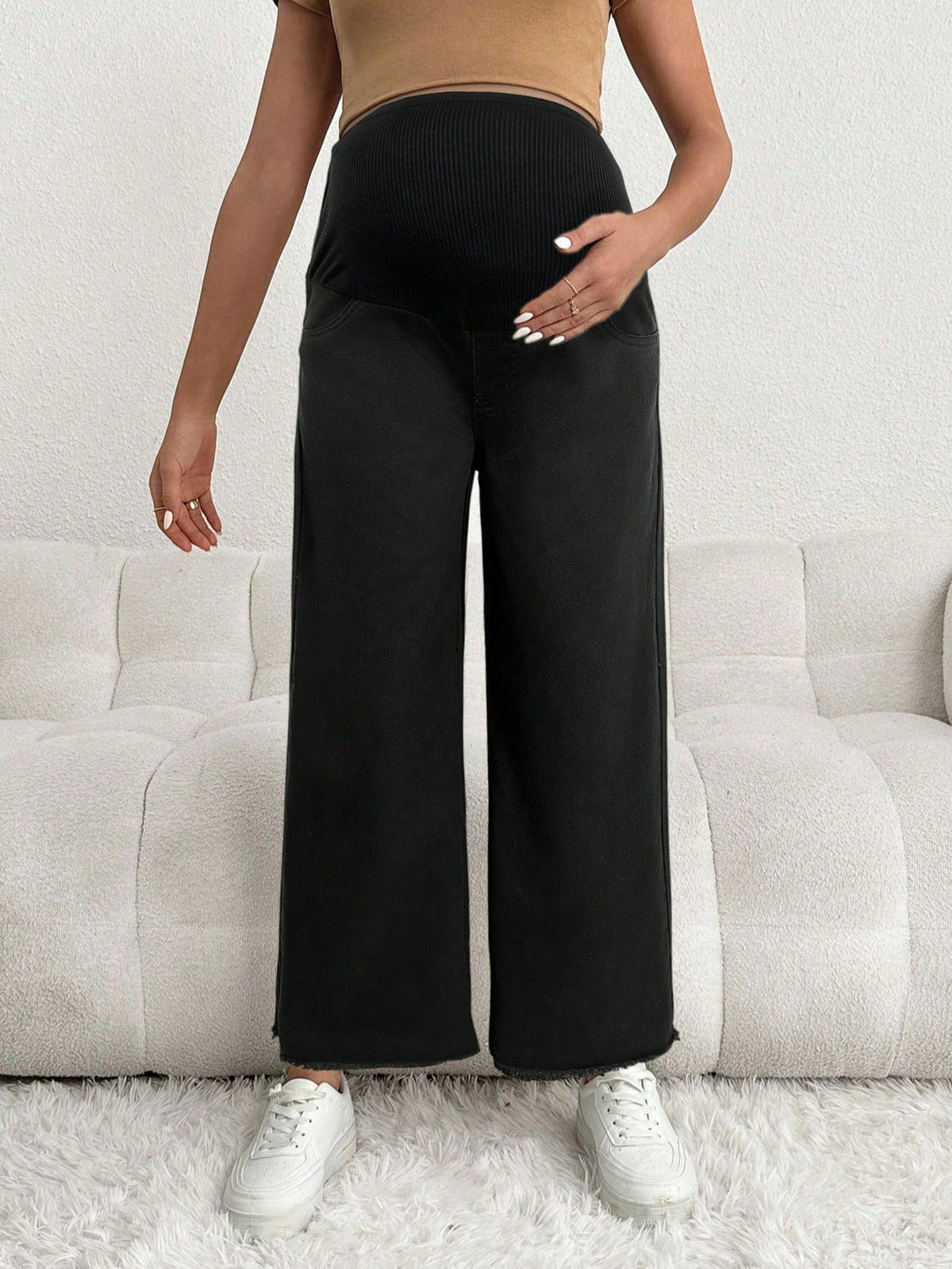 Maternity Casual Loose Black 3/4 Jeans With Patchwork Waist
