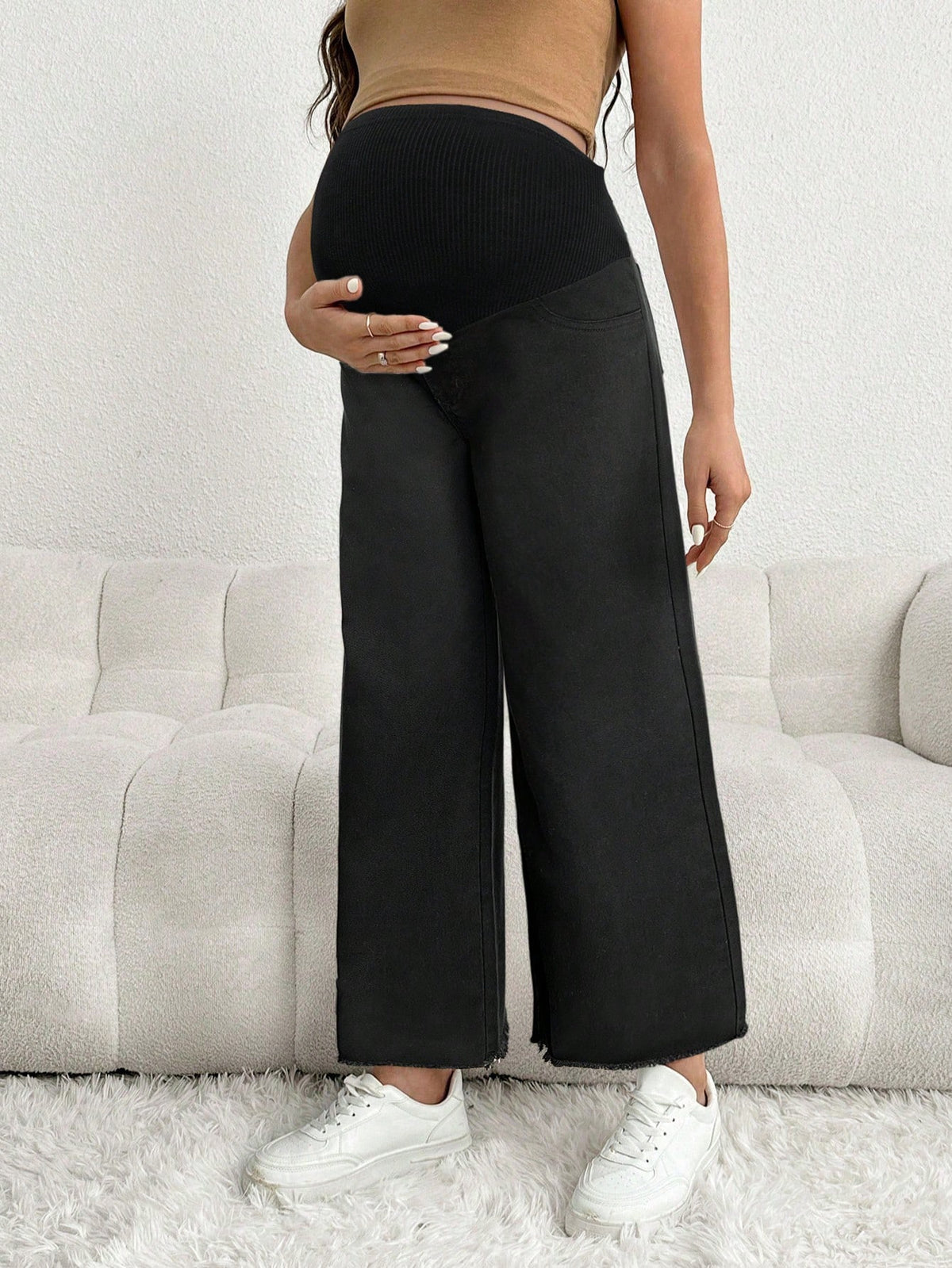 Maternity Casual Loose Black 3/4 Jeans With Patchwork Waist