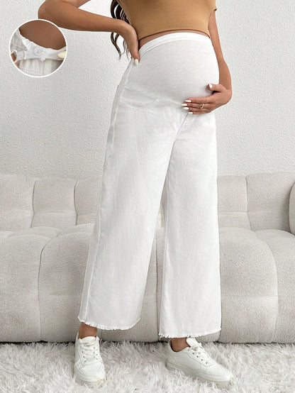 Maternity Casual Loose Black 3/4 Jeans With Patchwork Waist