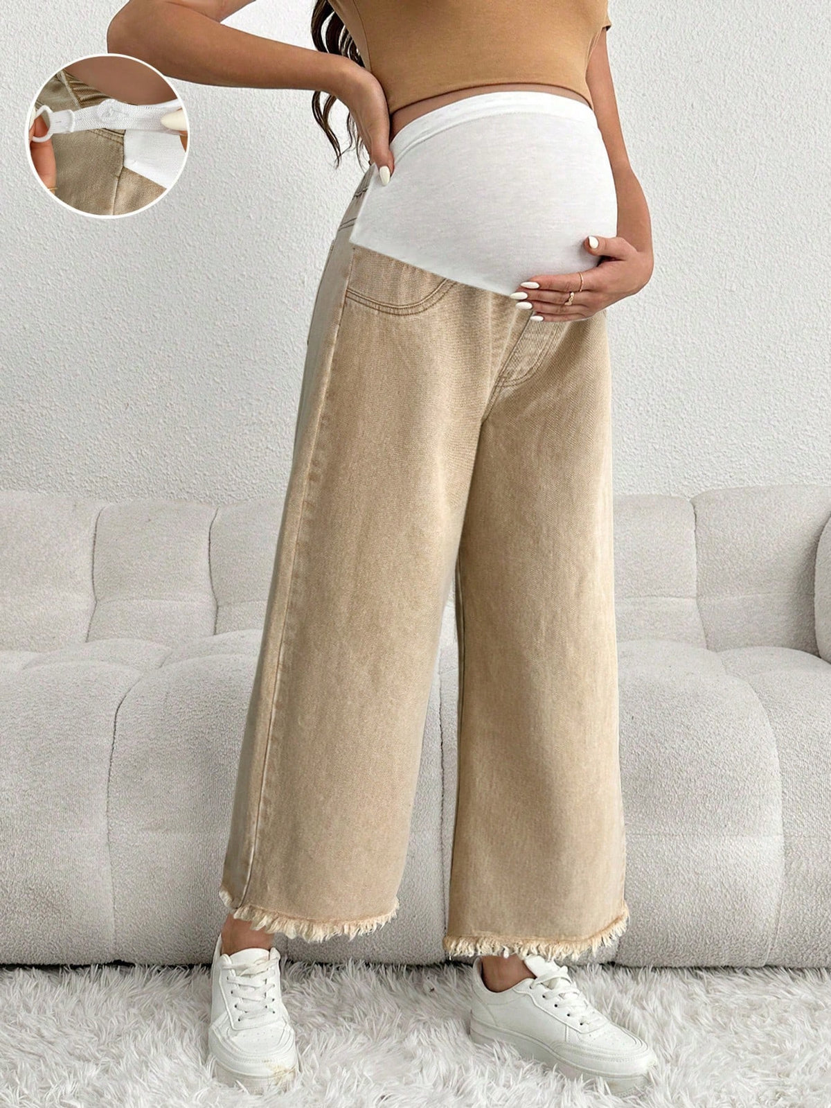 Maternity Casual Loose Cropped Jeans With Waistband Patchwork