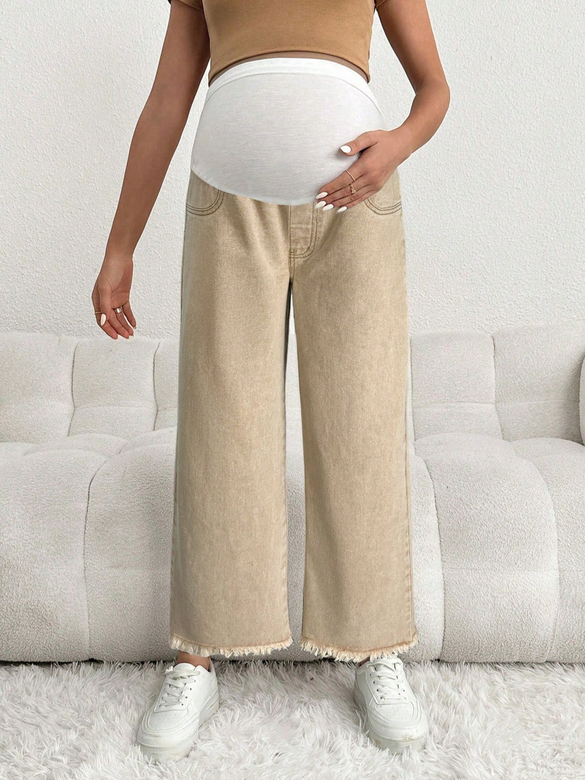 Maternity Casual Loose Cropped Jeans With Waistband Patchwork