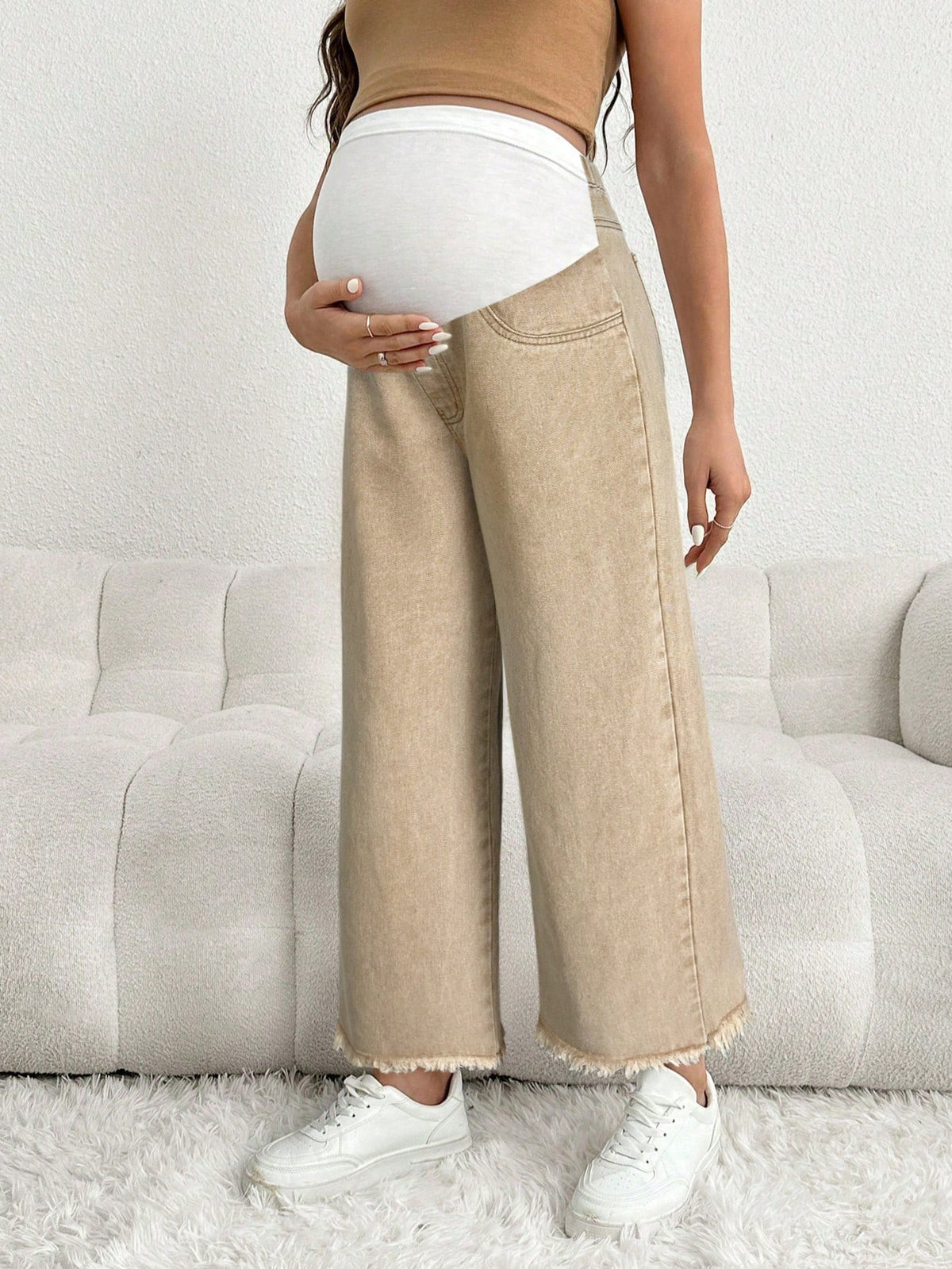 Maternity Casual Loose Cropped Jeans With Waistband Patchwork