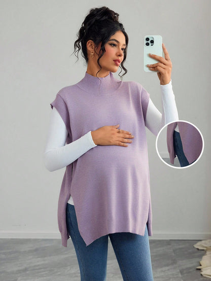 Maternity Casual Solid Color Turtleneck Sleeveless Sweater Vest, Autumn/Winter
