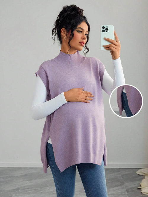 Maternity Casual Solid Color Turtleneck Sleeveless Sweater Vest, Autumn/Winter