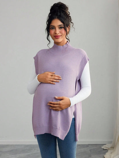 Maternity Casual Solid Color Turtleneck Sleeveless Sweater Vest, Autumn/Winter
