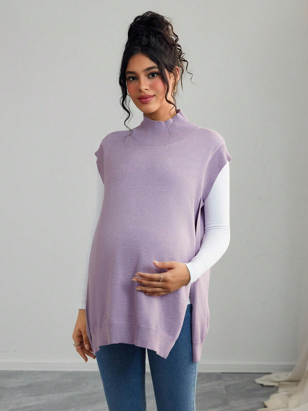 Maternity Casual Solid Color Turtleneck Sleeveless Sweater Vest, Autumn/Winter