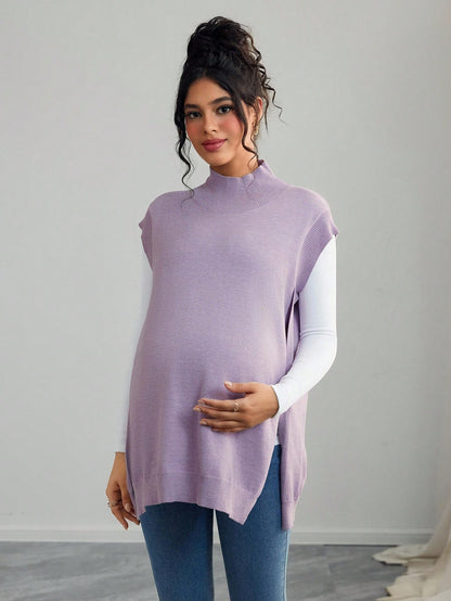 Maternity Casual Solid Color Turtleneck Sleeveless Sweater Vest, Autumn/Winter