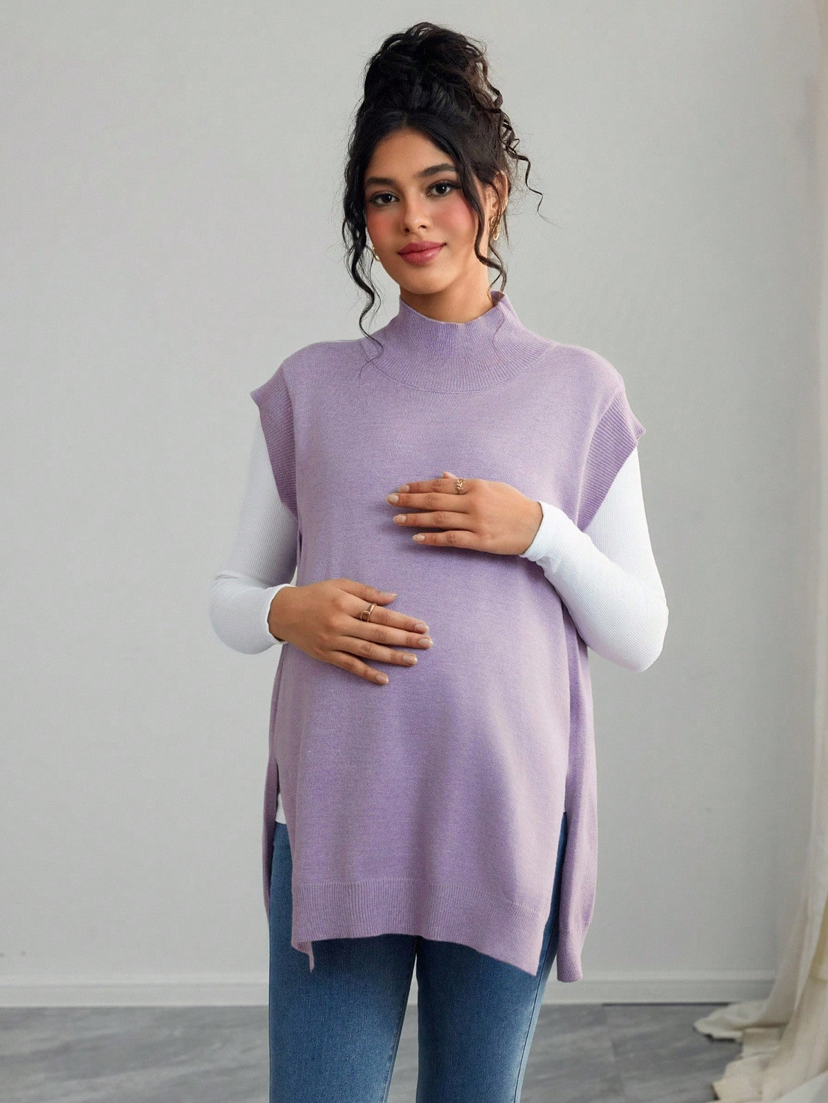 Maternity Casual Solid Color Turtleneck Sleeveless Sweater Vest, Autumn/Winter
