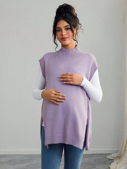 Maternity Casual Solid Color Turtleneck Sleeveless Sweater Vest, Autumn/Winter