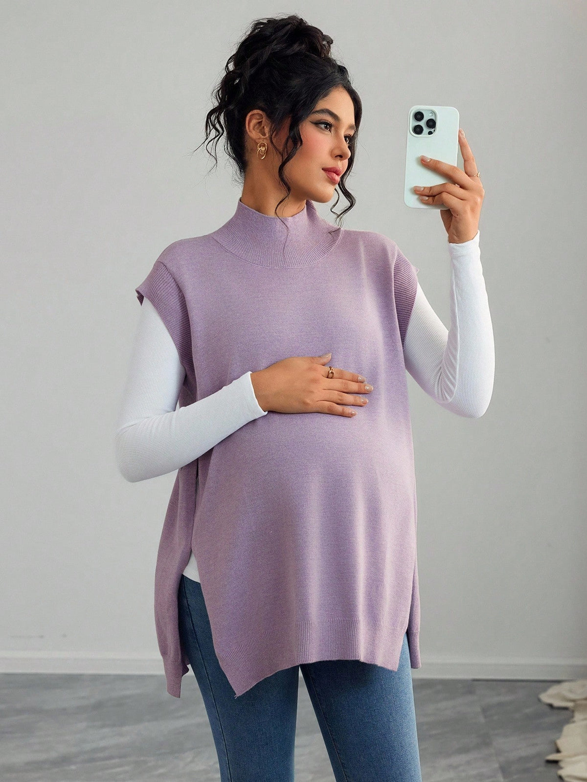 Maternity Casual Solid Color Turtleneck Sleeveless Sweater Vest, Autumn/Winter
