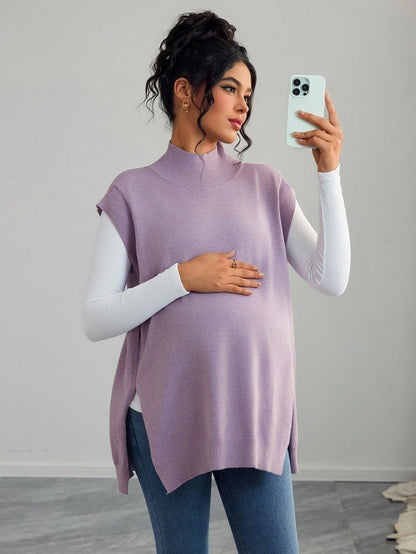Maternity Casual Solid Color Turtleneck Sleeveless Sweater Vest, Autumn/Winter
