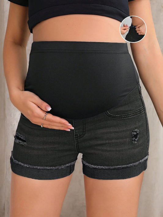 Maternity Casual Washed Distressed Skinny Denim Shorts