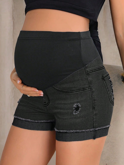 Maternity Casual Washed Distressed Skinny Denim Shorts