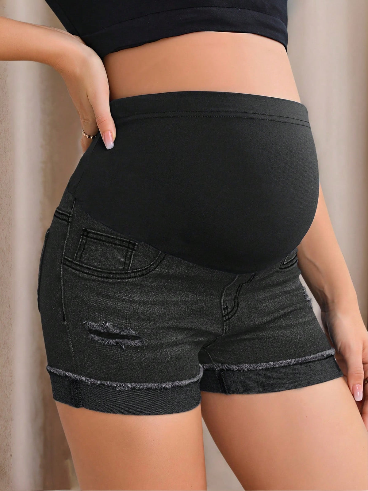 Maternity Casual Washed Distressed Skinny Denim Shorts
