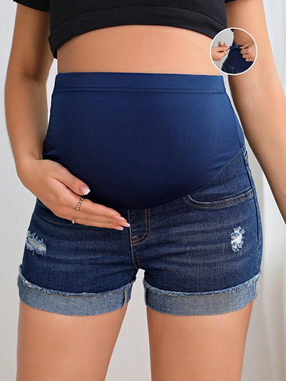 Maternity Casual Washed Distressed Skinny Denim Shorts