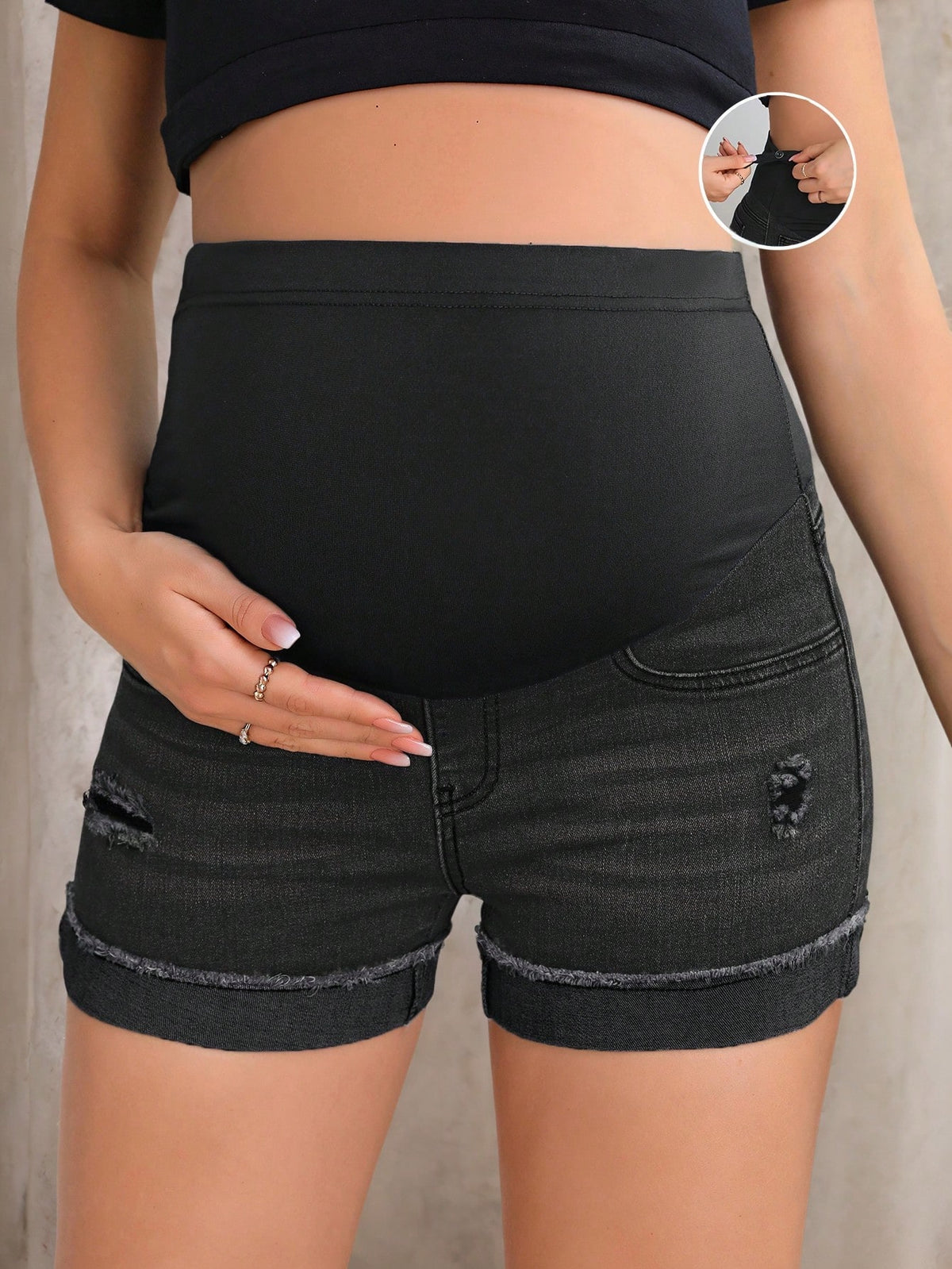 Maternity Casual Washed Distressed Skinny Denim Shorts