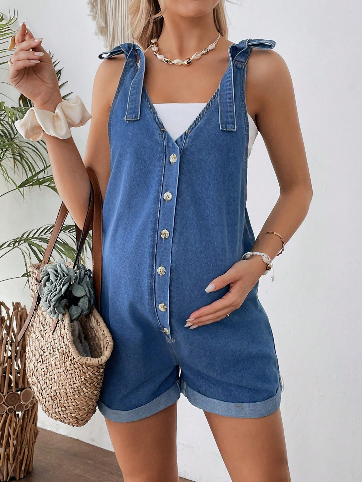 Maternity Cuffed Denim Bib Shorts,Navy Blue,Summer,Casual,Holiday Outfits For Women,Western Cowgirl Rodeo Concert Rave Beach Brunch Nashville Clothes