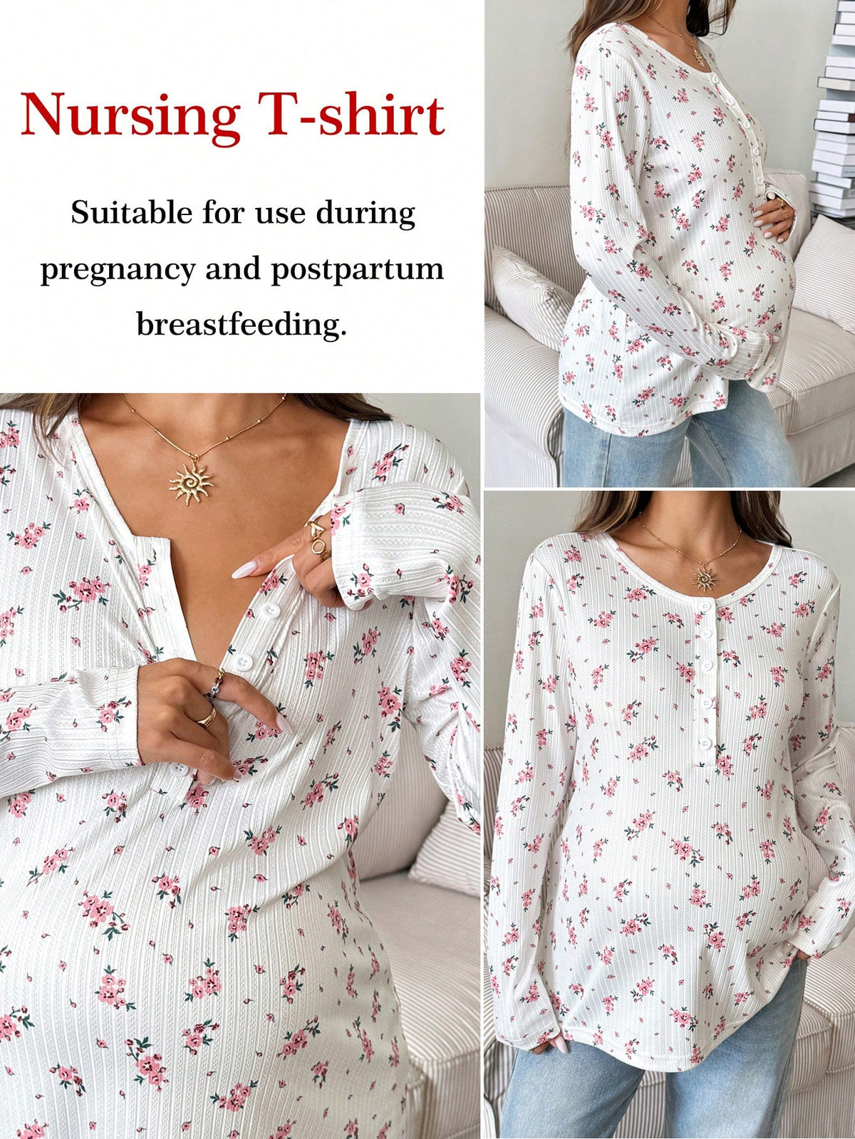 Maternity Ditsy Floral Button Half-Placket Long Sleeve Casual Nursing Top